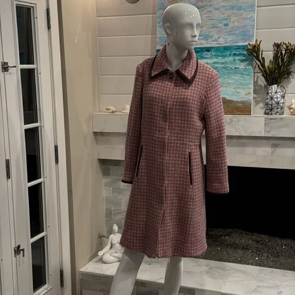 Coach Leatherware Pink Houndstooth Wool & Leather Trim Coat Size Large - Picture 2 of 15